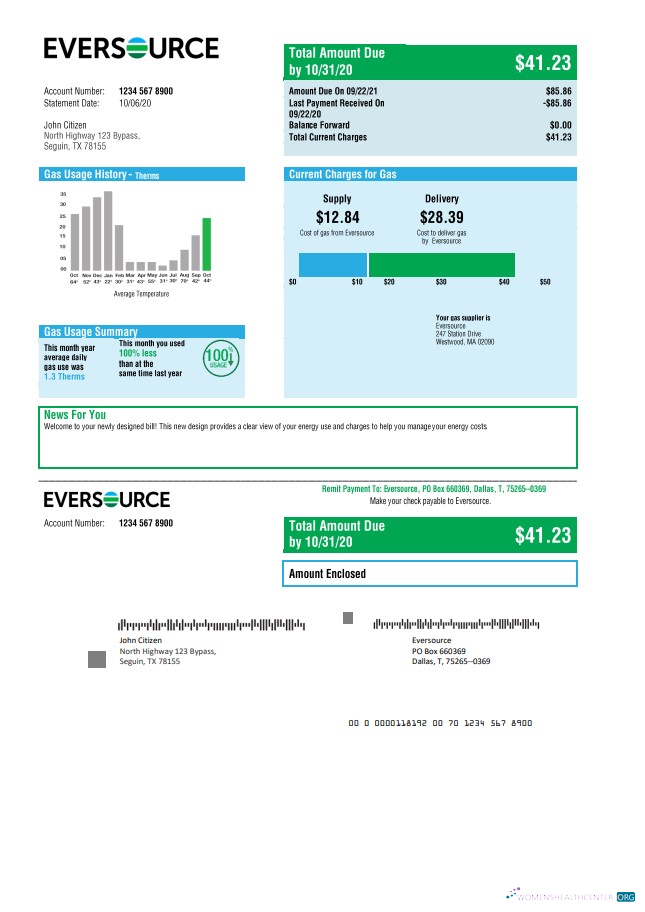 download USA Eversource gas utility bill template in Word and PDF format, good for address prove PDF template